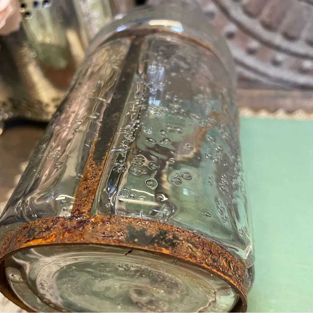 Vintage Pulegoso clear bubble Glass bottle Rustic metal French country cottage